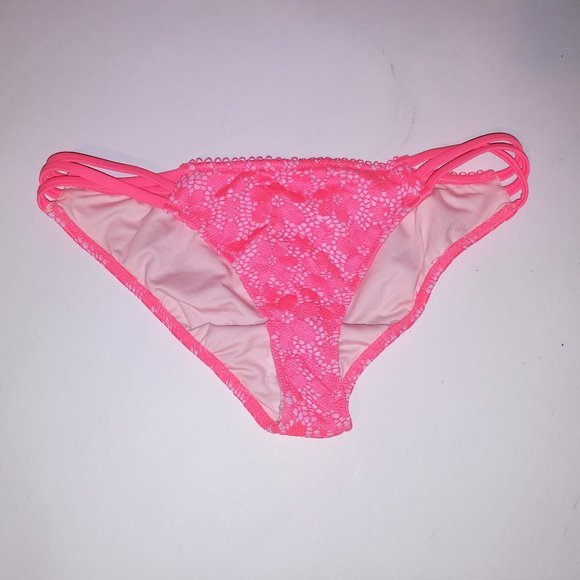Victoria Secret Swim Bikini Bottom XS Strappy Cheeky‎ Neon Pink Floral New - Picture 1 of 7
